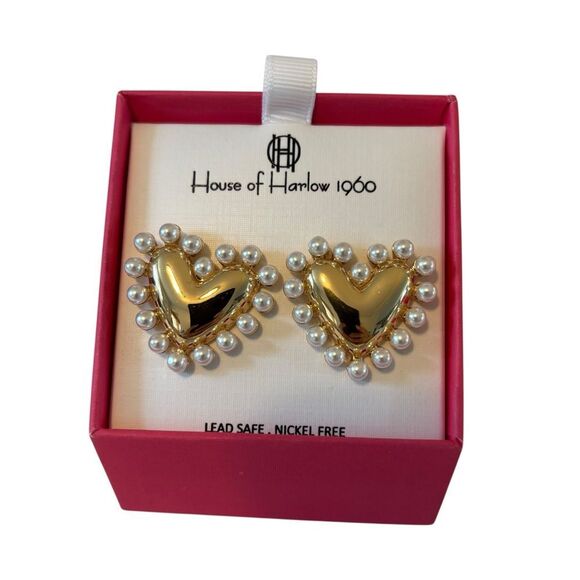 House of Harlow 1960 Gold Tone Pearl Rimmed Heart Earrings. New in Box - Picture 1 of 6